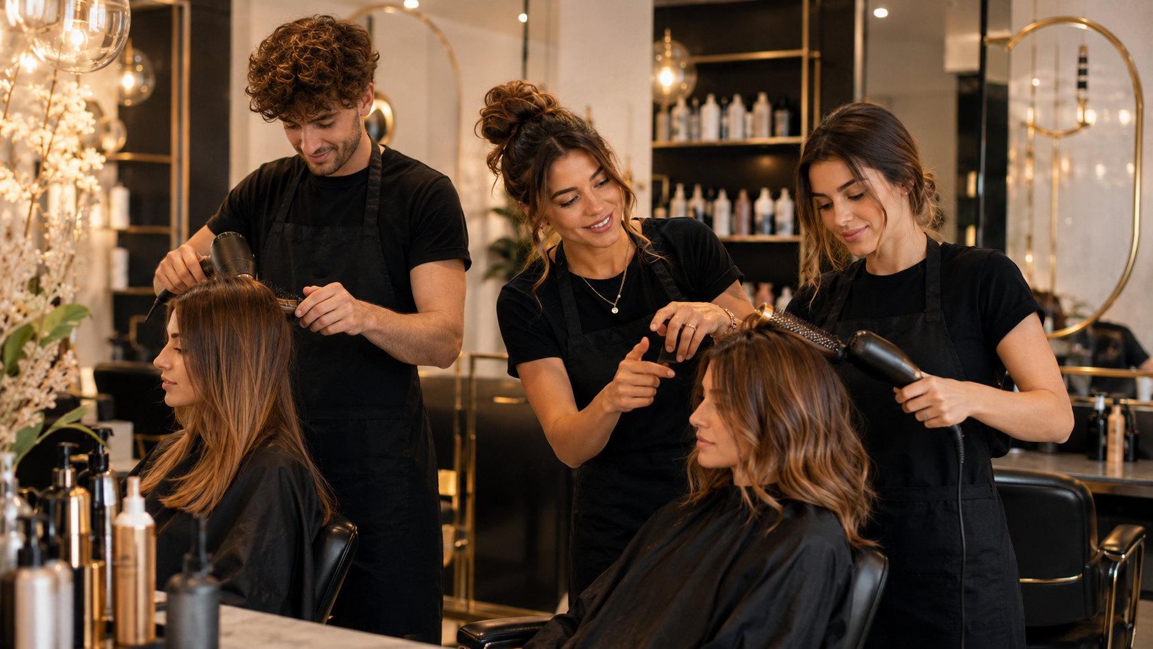 Ausbildung Bei Thiel Hair Design Auszubildende trainieren im Friseursalon an Modellen mit Anleitung durch eine Trainerin