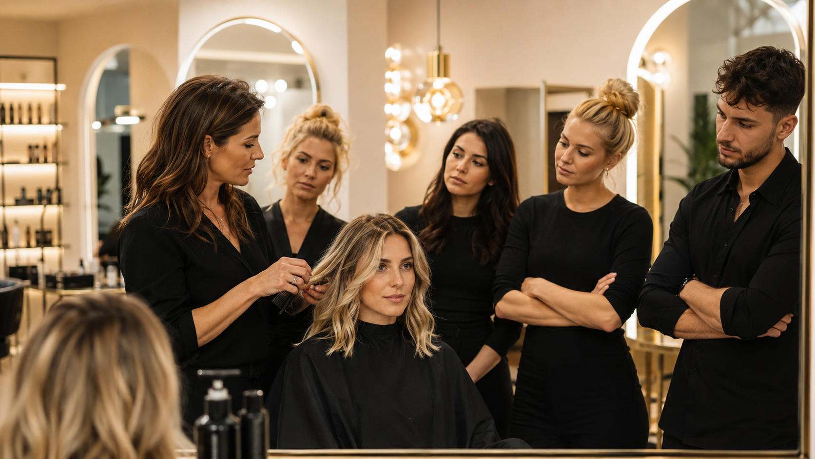 Friseurteam Bei Einer Schulung Im Salon Mit Trainerin Und Modell Salon Mayen Neustraße